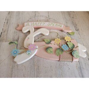 Wooden Happy Spring Easter Bunny hanging home decor